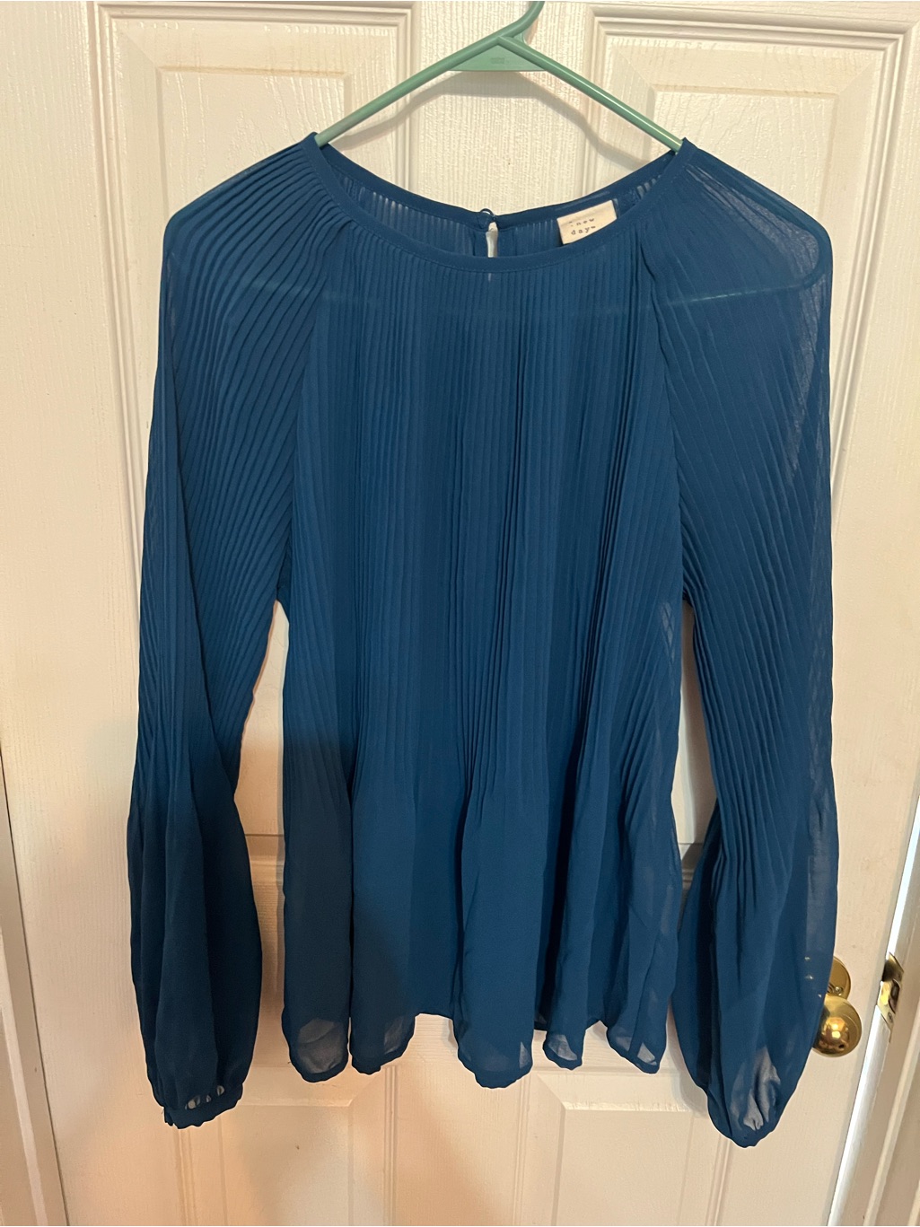 A New Day Blue Pleated Long-Sleeve Blouse With Bell Sleeves